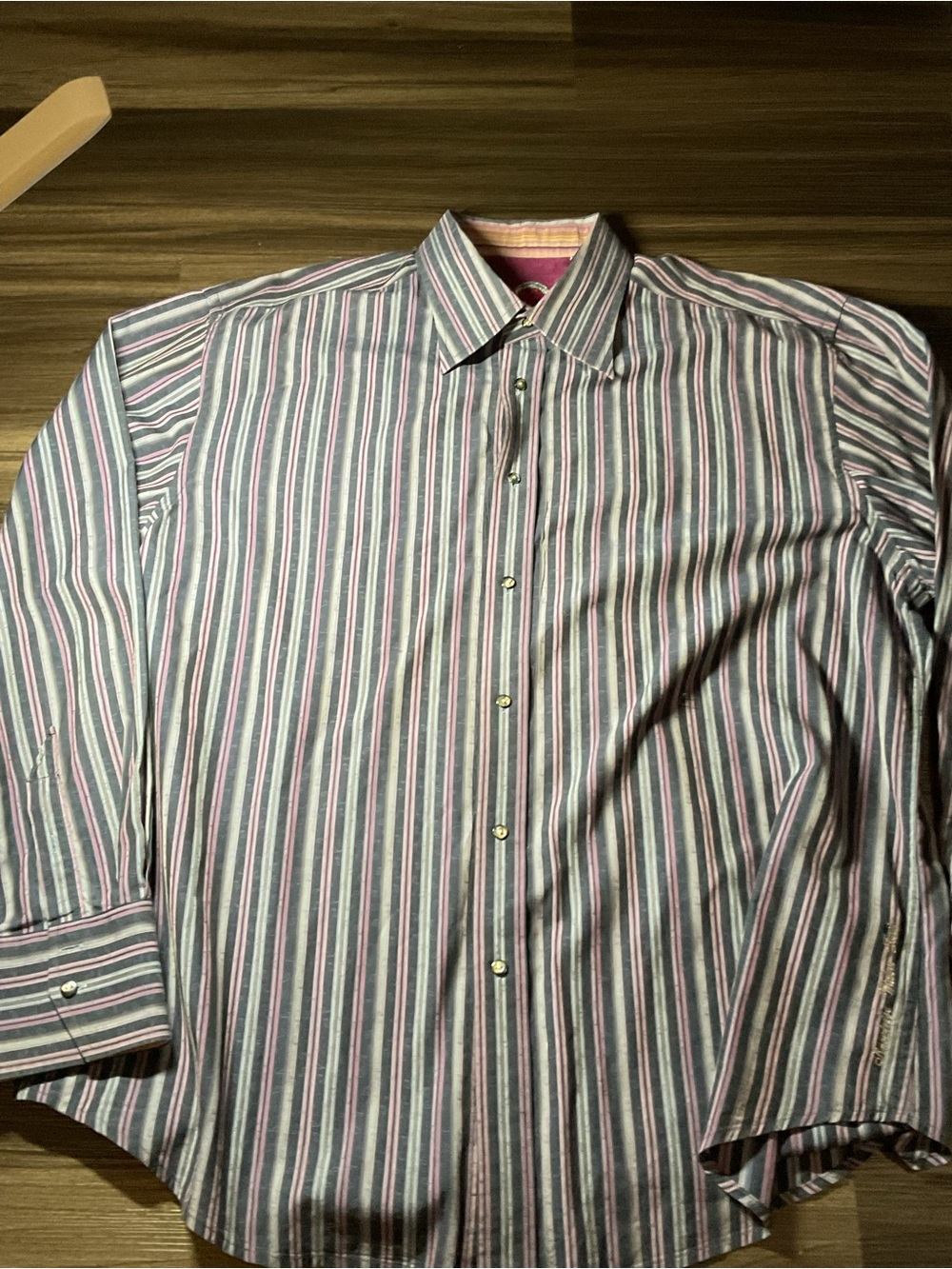 Robert Graham Men's Long-Sleeve Multi-Stripe Dress Shirt - Blue & Pink size 2XL